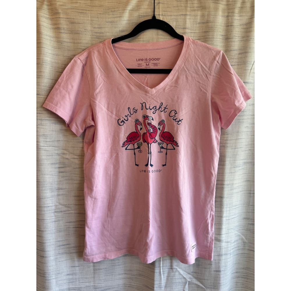 Life Is Good Womens Crusher Tee Pink Girls Night Out Flamingo V-Neck Shirt M
